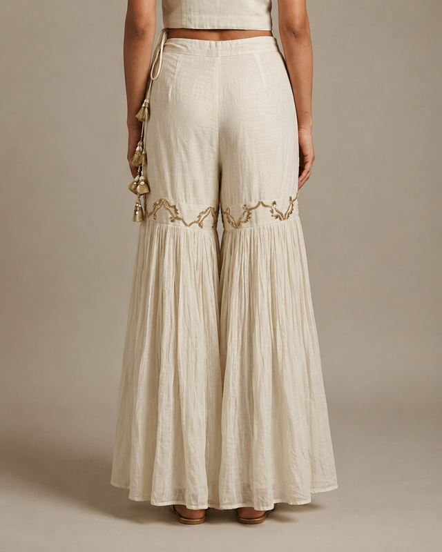 IHSAR White Sharara Pants in Off-White – back view