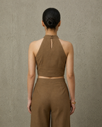 IHSAR Halter Neck Mehendi Brown Top Cum Blouse in Mehendi Brown – back view