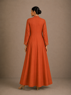 Rust Orange Embroidered Anarkali Gown with Mandarin Collar