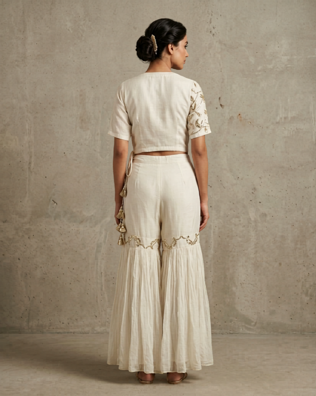 IHSAR White Angrakha Crop Top And Sharara Pant Set in Off-White – back view