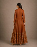 Rust Brown Sequin Embroidered Anarkali Gown with Sheer Sleeves