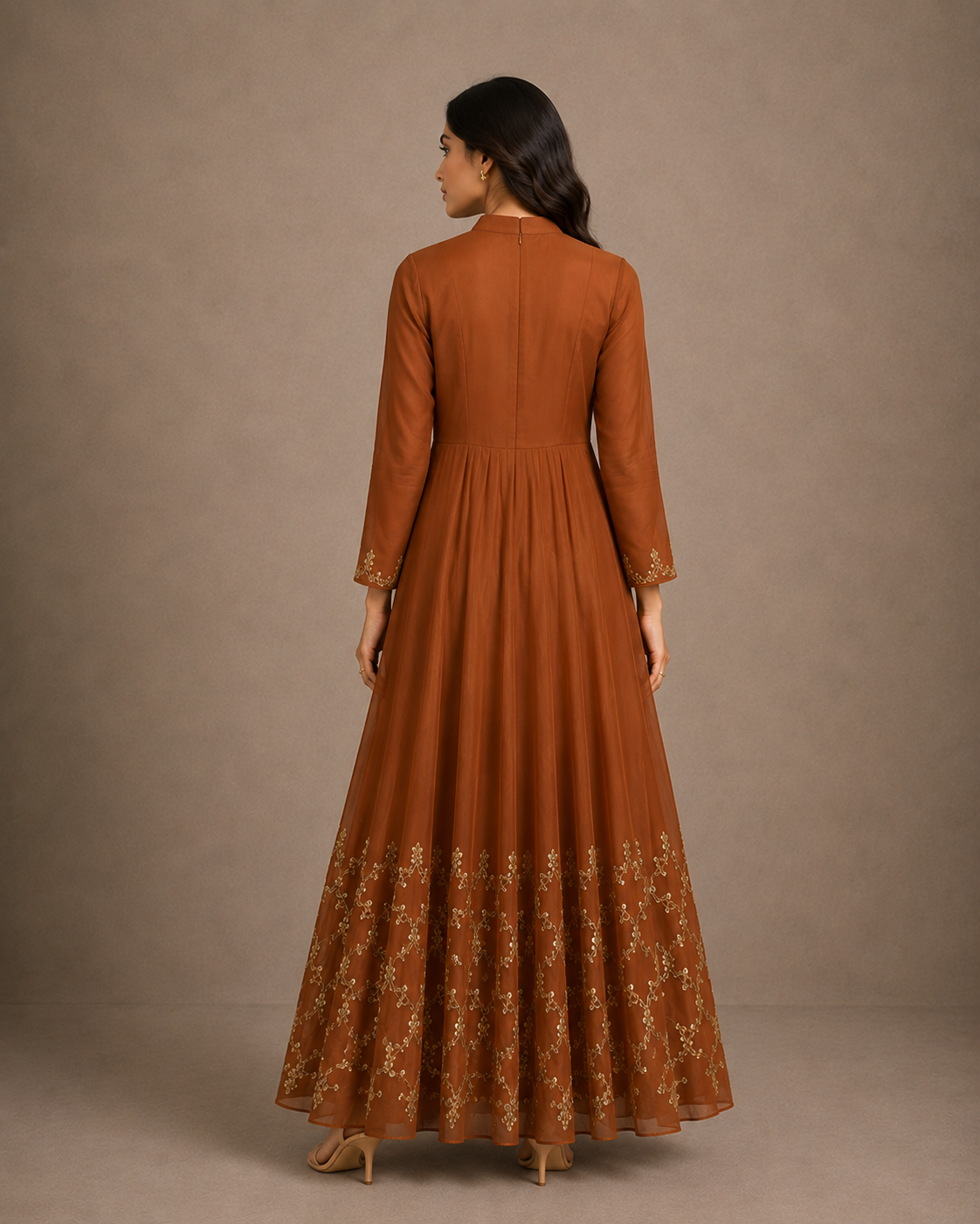 Rust Brown Sequin Embroidered Anarkali Gown with Sheer Sleeves