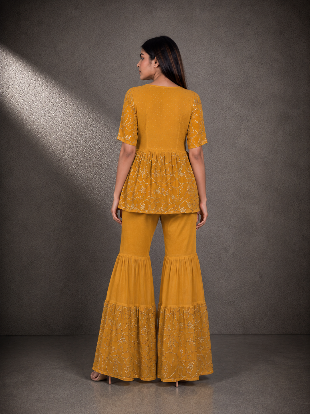Mustard Yellow Sequin Embroidered Peplum Top with Sharara Pants Set