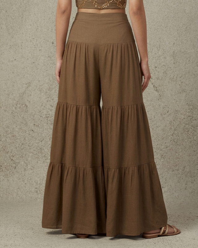 IHSAR Mehendi Brown Sharara Pants in Mehendi Brown – back view