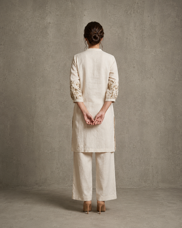 IHSAR Off White Kurta With Sequins Sleeves in Off-White – back view
