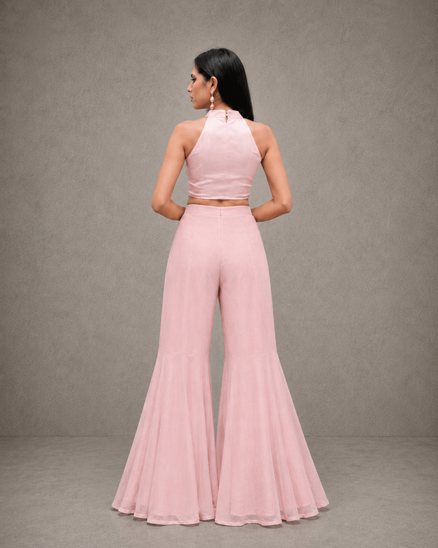 IHSAR Baby Pink Crop Top And Flared Sharara Pant Set in Baby Pink – back view