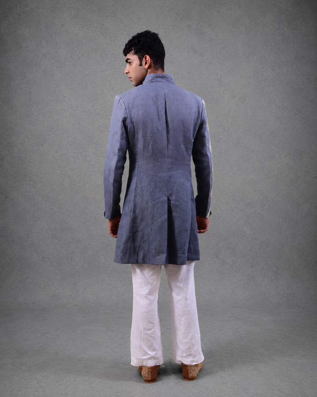 IHSAR Neo Trad Longline Achkan Coat in Slate Blue – back view