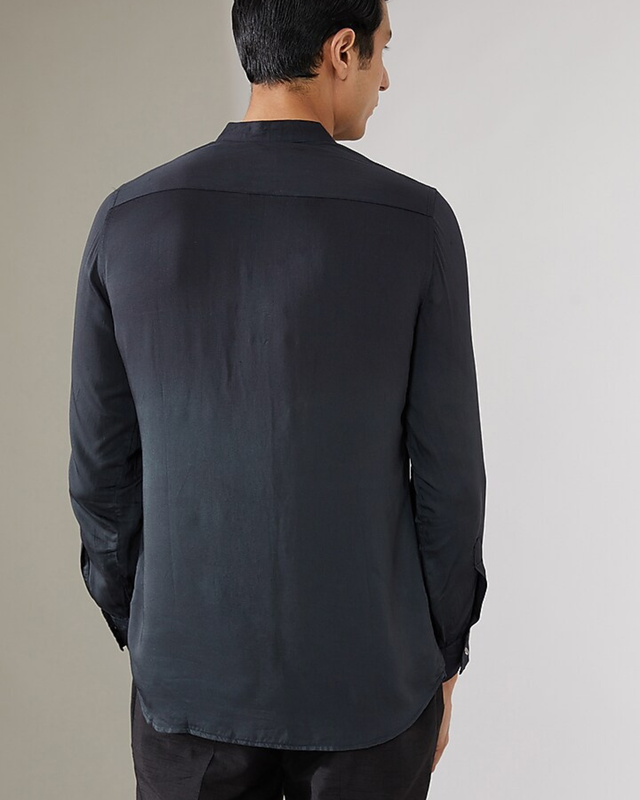 IHSAR Charcoal Black Sequins Mandarin Collar Shirt in Charcoal Black – back view