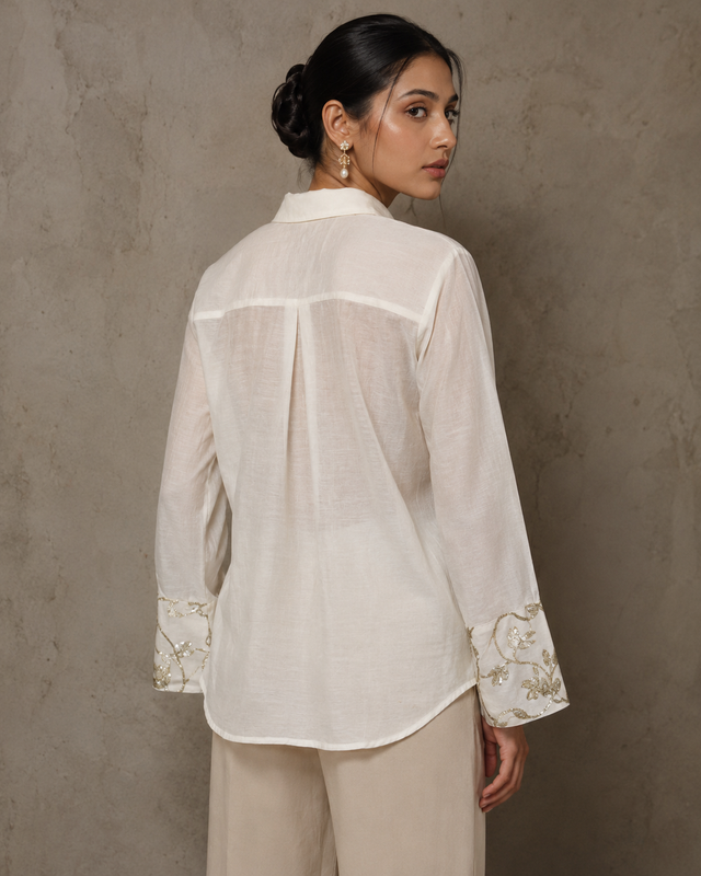 IHSAR Off White Sheer Sleeve Sequins Shirt in Off-White – back view