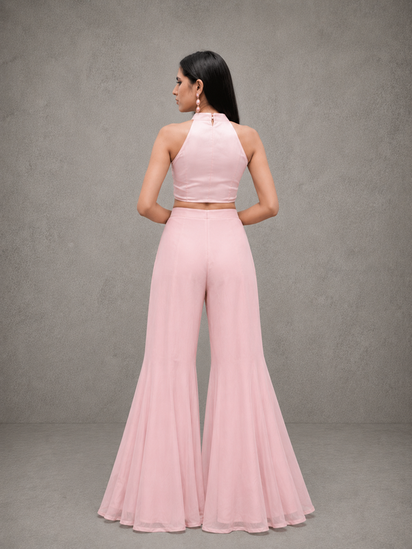 IHSAR Pastel Pink Flared Pants in Baby Pink – back view
