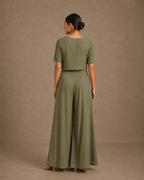 Olive Green Sequin Embroidered Crop Top & Palazzo Pants Co-ord Set