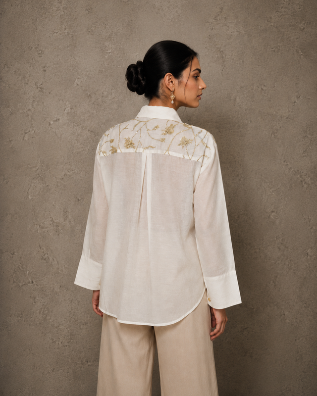IHSAR Off White Sheer Button Down Shirt in Off-White – back view