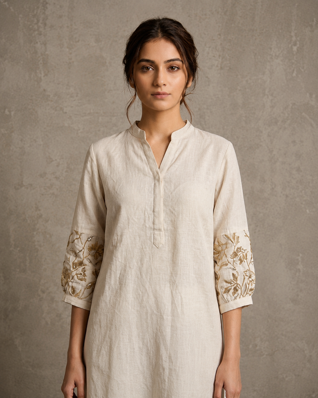 IHSAR Off White Kurta With Sequins Sleeves in Off-White – detail view