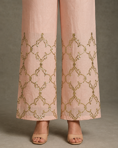 IHSAR Baby Pink Sequins Pants in Baby Pink – pants with gold sequin embroidery