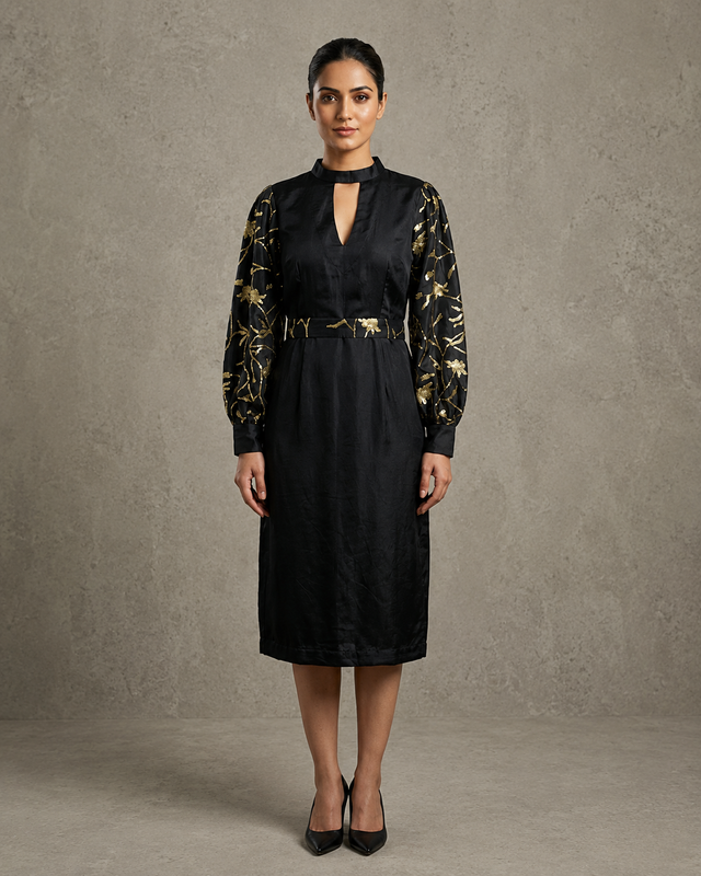 IHSAR Wine Knee-Length Dress in Black – dress with gold sequin embroidery