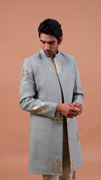 IHSAR Powder Blue Achkan Sherwani Jacket in Powder Blue – detail view