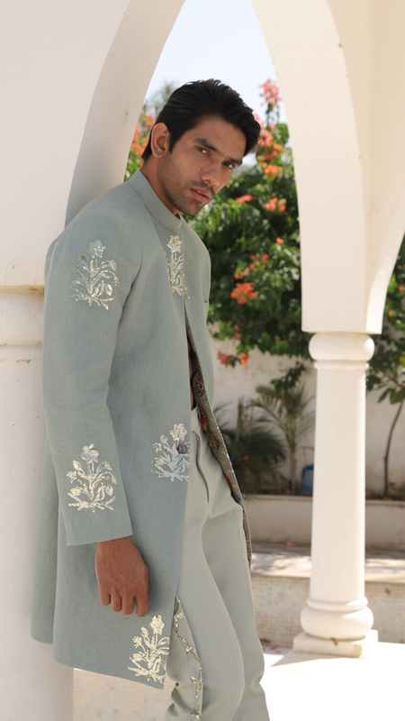 IHSAR Powder Blue Achkan Sherwani Jacket in Powder Blue – detail view