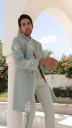 IHSAR Powder Blue Achkan Sherwani Jacket in Powder Blue – detail view