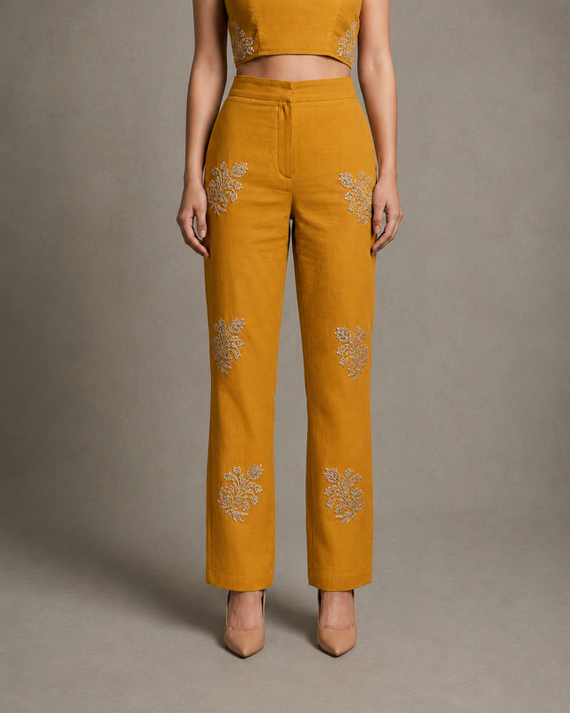 IHSAR Straight Off-White Pants in Mustard – pants with gold sequin embroidery