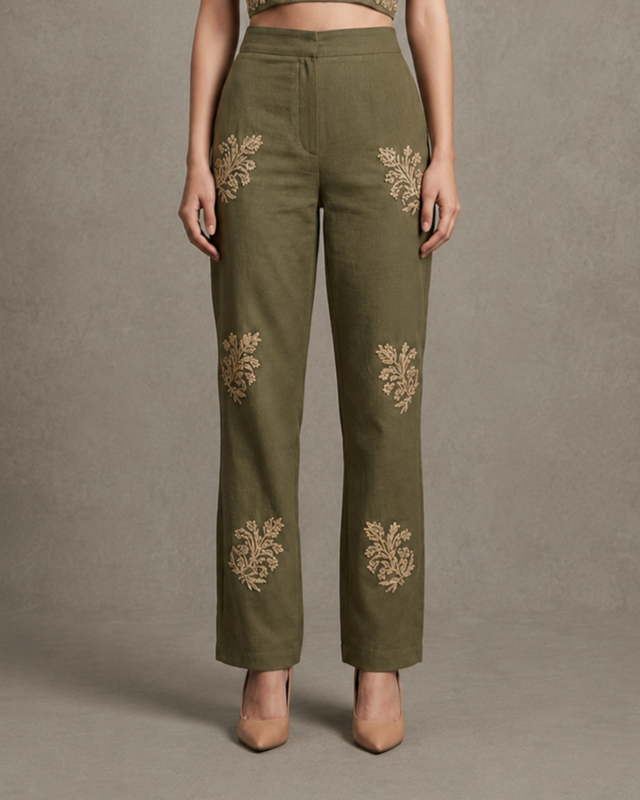 IHSAR Straight Off-White Pants in Olive – pants with gold sequin embroidery