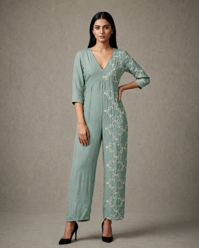 IHSAR Black Cocktail Jumpsuit in Aqua Green – jumpsuit with gold sequin embroidery