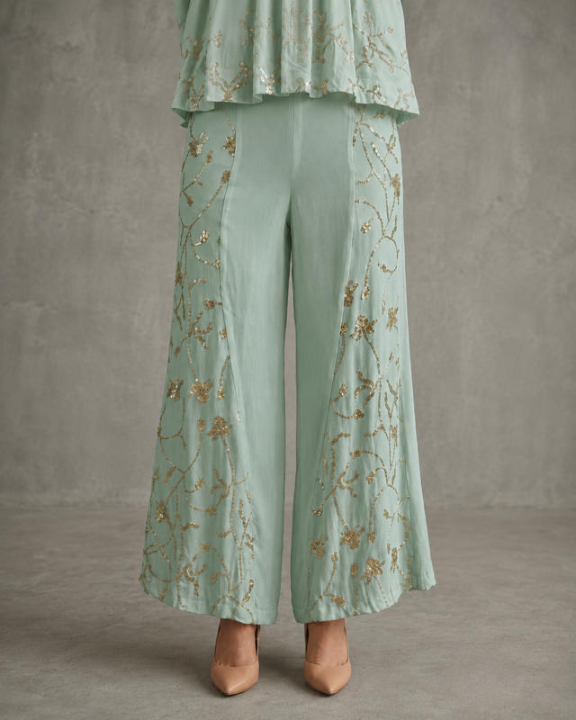 IHSAR Off-White Wide Leg Pants in Aqua Green – pants with gold sequin embroidery
