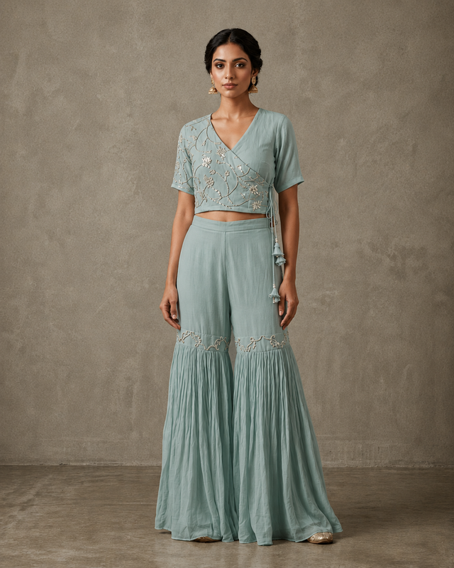 IHSAR Angrakha Sequins Crop Blouse in Aqua Green – blouse with gold sequin embroidery