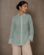 IHSAR Off-White Sheer Front Sequins Shirt in Aqua Green – shirt with gold sequin embroidery
