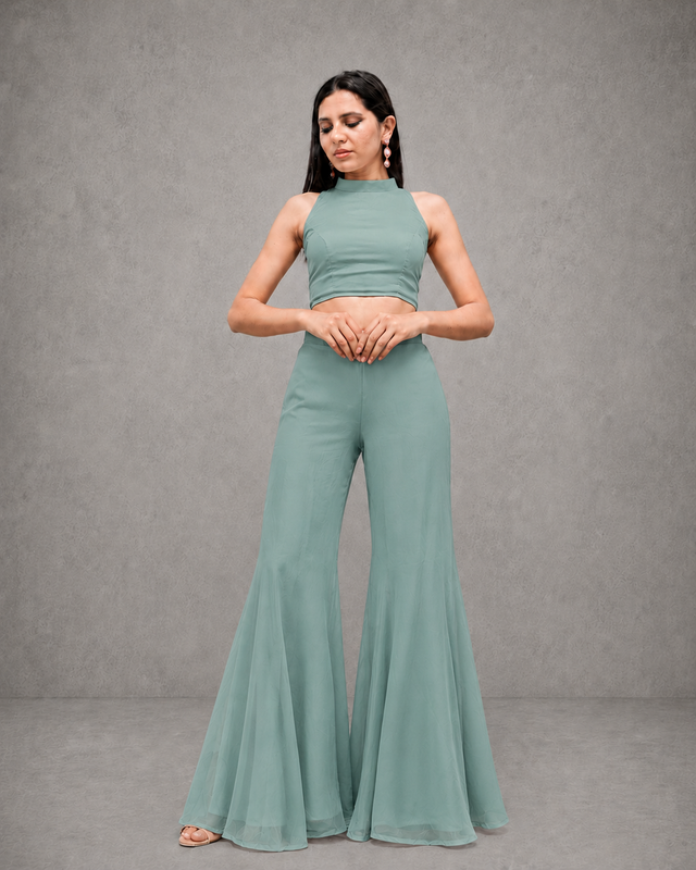 IHSAR Pastel Pink Flared Pants in Aqua Green – pants with gold sequin embroidery