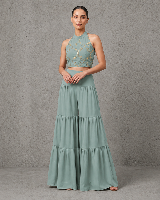 IHSAR Mehendi Brown Sharara Pants in Aqua Green – sharara with gold sequin embroidery