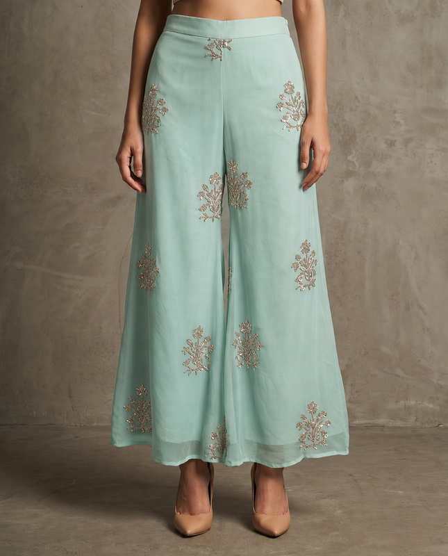 IHSAR Flared Off-White Pants in Aqua Green – pants with gold sequin embroidery