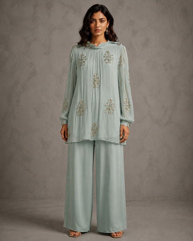 IHSAR Mint Green Sequins Georgette Top in Aqua Green – top with gold sequin embroidery