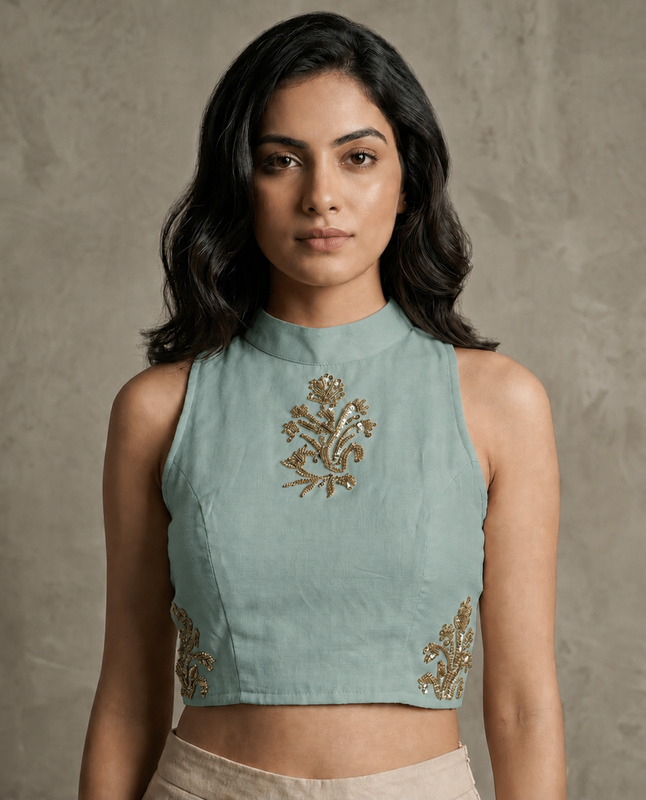 IHSAR Off-White Tank-Top Style Blouse in Aqua Green – blouse with gold sequin embroidery