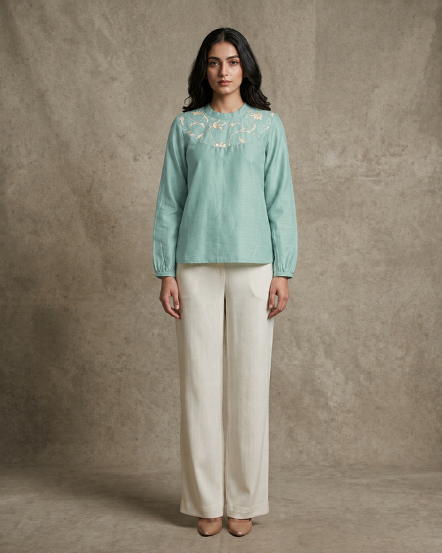IHSAR Olive Sequins Top in Aqua Green – top with gold sequin embroidery