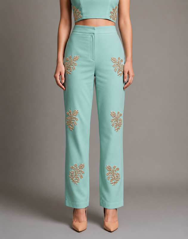 IHSAR Straight Off-White Pants in Aqua Green – pants with gold sequin embroidery