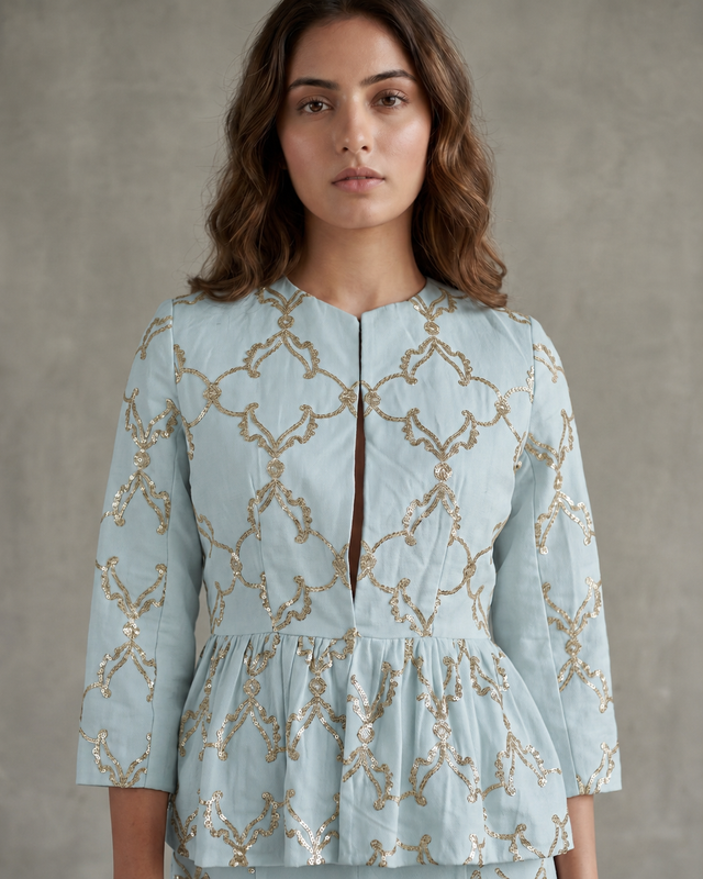 IHSAR Off-White Peplum Jacket in Aqua Green – jacket with gold sequin embroidery
