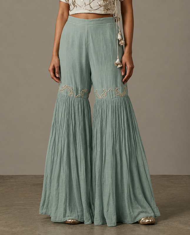 IHSAR White Sharara Pants in Aqua Green – sharara with gold sequin embroidery
