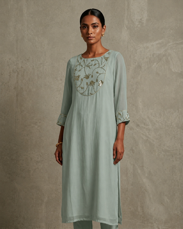 IHSAR Off-White Long Kurta in Aqua Green – kurta with gold sequin embroidery