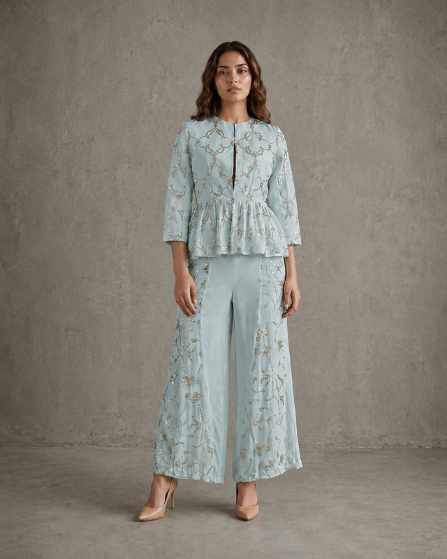 IHSAR Off-White Co-ord Set in Aqua Green – co-ord set with gold sequin embroidery