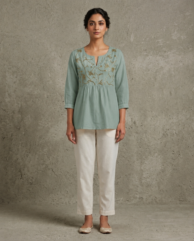 IHSAR Off-White Boho Top in Aqua Green – top with gold sequin embroidery