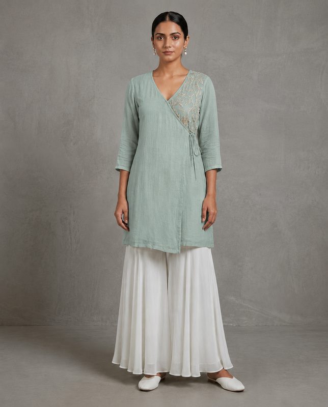 IHSAR Angrakha Sequins Wrap Kurta in Aqua Green – kurta with gold sequin embroidery