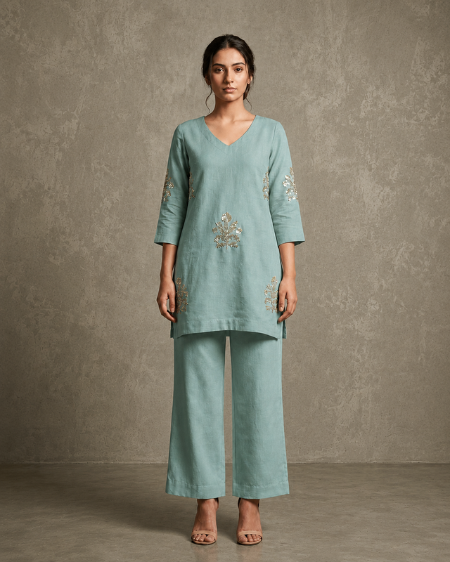 IHSAR Grey Sequins Short Kurti in Aqua Green – kurti with gold sequin embroidery