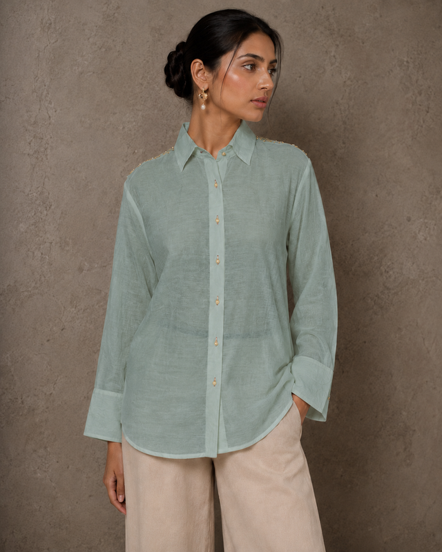 IHSAR Off-White Sheer Front Sequins Shirt in Aqua Green – shirt with gold sequin embroidery