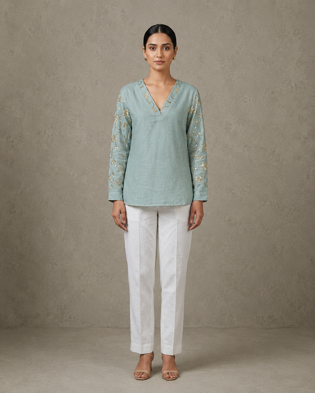 IHSAR Honey Gold V-Neck Silk Chanderi Top in Aqua Green – top with gold sequin embroidery