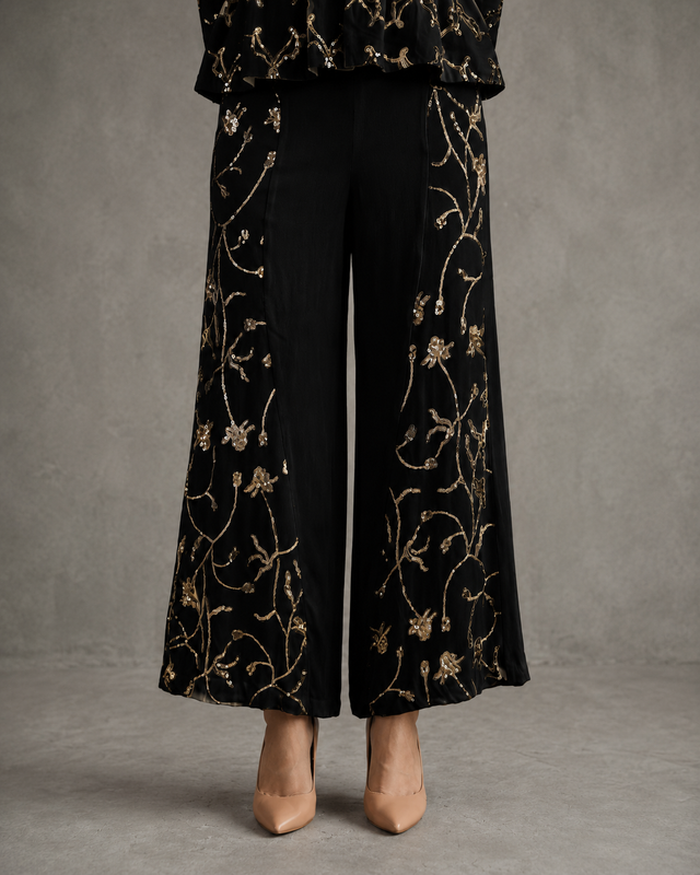 IHSAR Off-White Wide Leg Pants in Black – pants with gold sequin embroidery