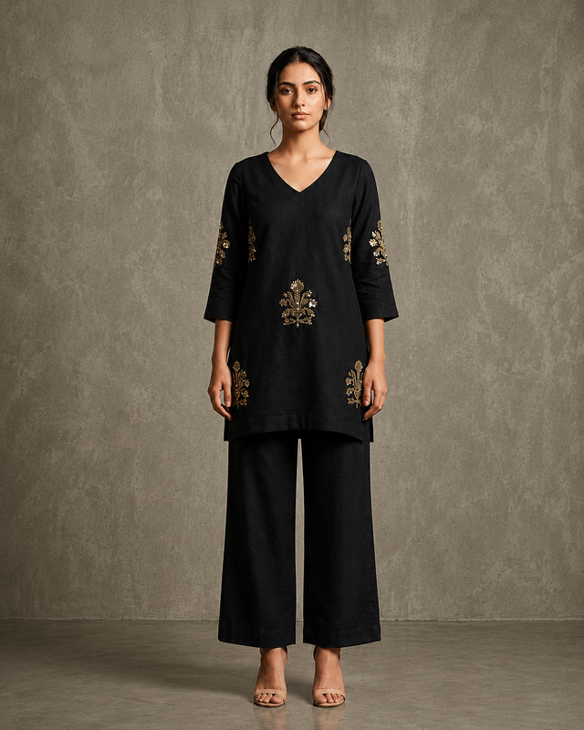IHSAR Grey Sequins Short Kurti in Black – kurti with gold sequin embroidery