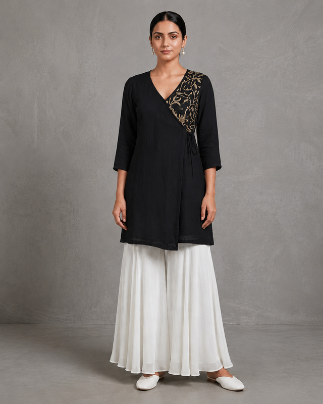 IHSAR Angrakha Sequins Wrap Kurta in Black – kurta with gold sequin embroidery