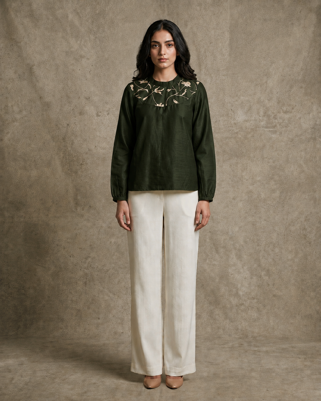 IHSAR Olive Sequins Top in Black – top with gold sequin embroidery
