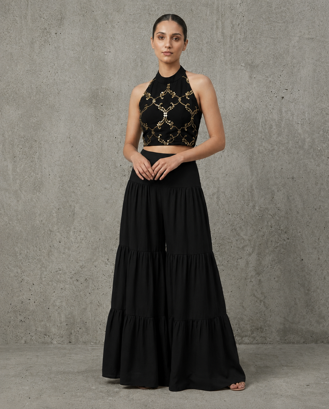 IHSAR Mehendi Brown Sharara Pants in Black – sharara with gold sequin embroidery