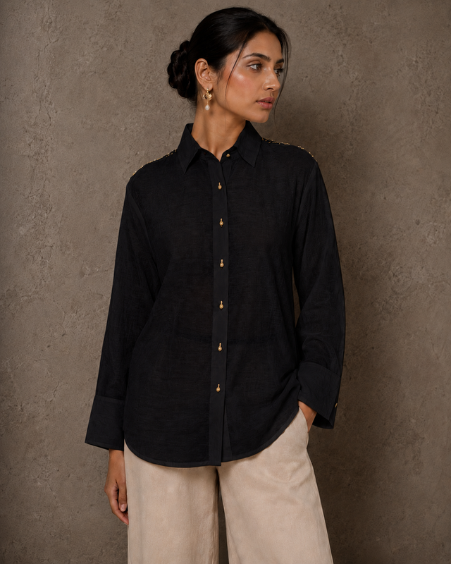 IHSAR Off-White Sheer Button-Down Shirt in Black – shirt with gold sequin embroidery